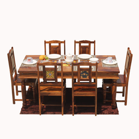 Solid Sheesham Wood Six Seat Ceramic Tile Dining Table Set in Natural Finish - Rajasthali Furniture 