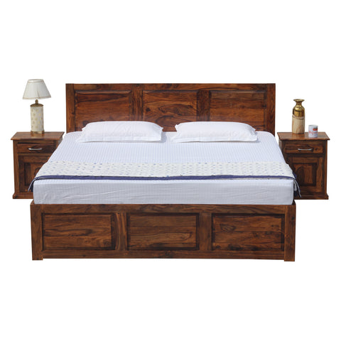 Fasica Solid Wood Double Bed with Two Bed Side with Box Storage in Honey Oak Finish