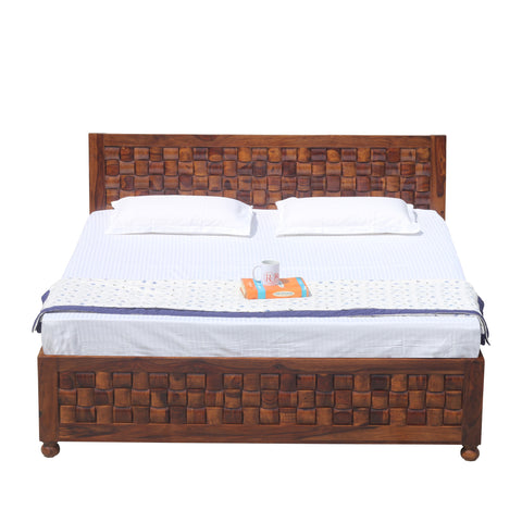 Solid Wood Niwar King Size Double Bed with Legs and Box Storage in Natural Finish - Rajasthali Furniture 