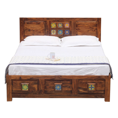 Hinton Solid Wood Double Bed Without Storage in Honey Oak Finish - Rajasthali Furniture 