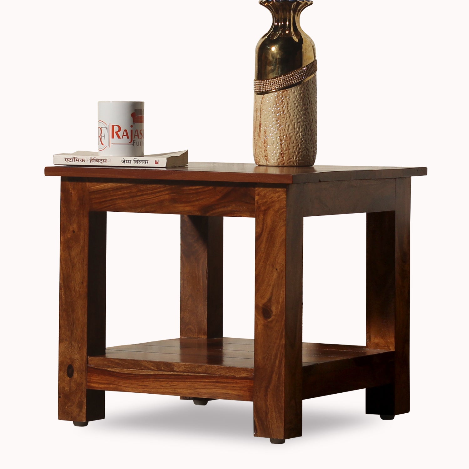 Solid Wood Floor Mounted Plain Top with wooden base Side Table in Natural Finish - Rajasthali Furniture 