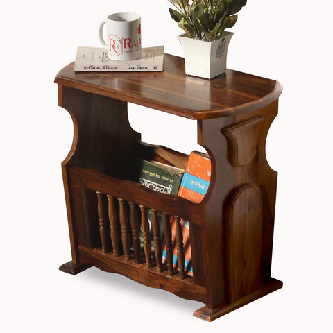 Solid Wood Gule Floor Mounted Magazine Stand cum Side Table in Natural Finish - Rajasthali Furniture 