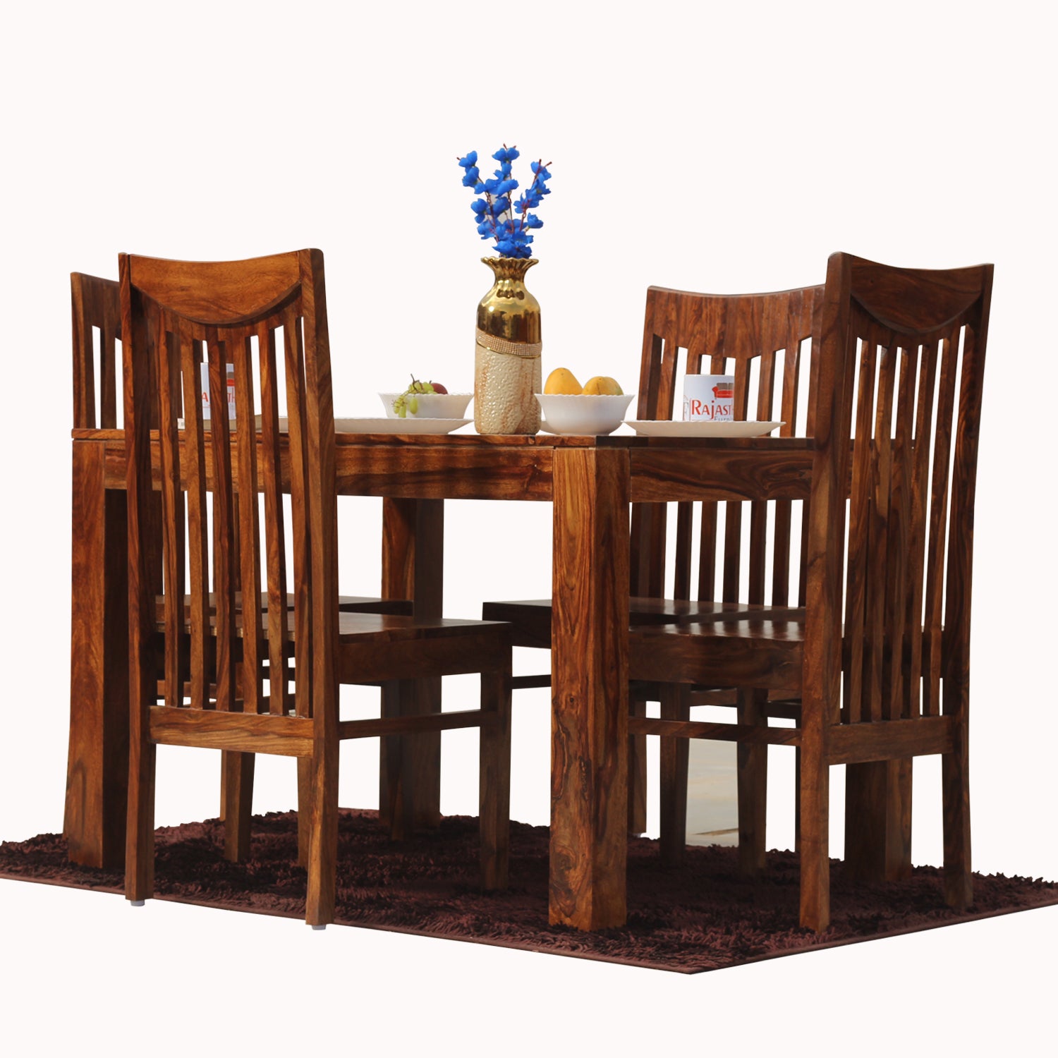 Flora Solid Sheesham Wood Four Seat Dining Table Set in Natural Finish - Rajasthali Furniture 