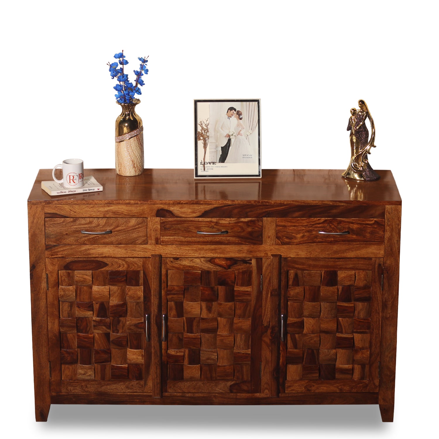 Solid Wood Three Door and Three Drawer Niwar Sideboard in natural Finish - Rajasthali Furniture 