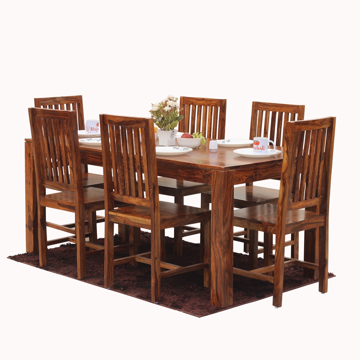 Samoa Solid Sheesham Wood Six Seat Dining Table set in Natural Finish - Rajasthali Furniture 