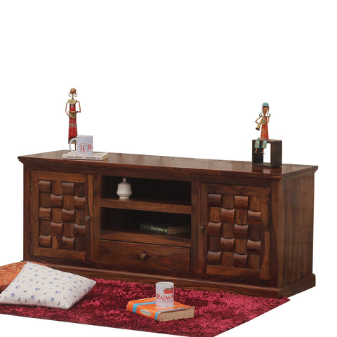 Xiomara Two Door with one center drawer wooden LCD cabinet in honey oak finish - Rajasthali Furniture 