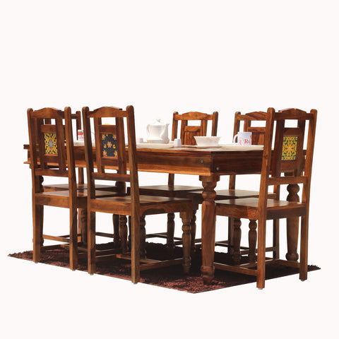 Solid Sheesham Wood Six Seat Ceramic Tile Dining Table Set in Natural Finish - Rajasthali Furniture 