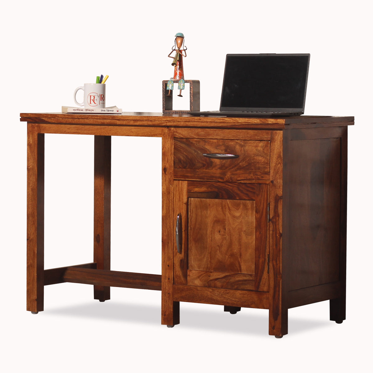 Okvist Solid Wood Study Table with One Drawer and One Door in Honey Oak Finish - Rajasthali Furniture 