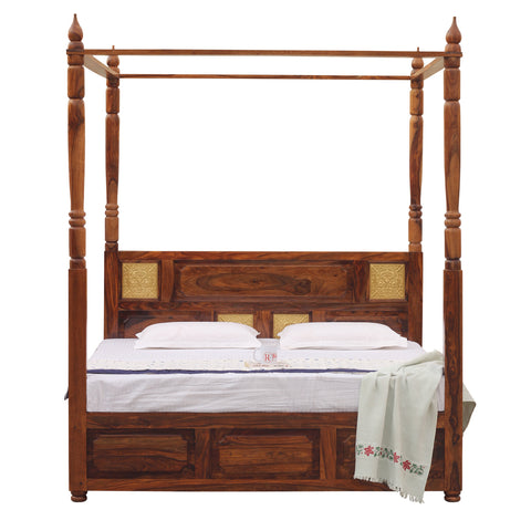 Solid Sheesham Wood King Size Four Poster Bed with Box Storage in Natural Finish - Rajasthali Furniture 