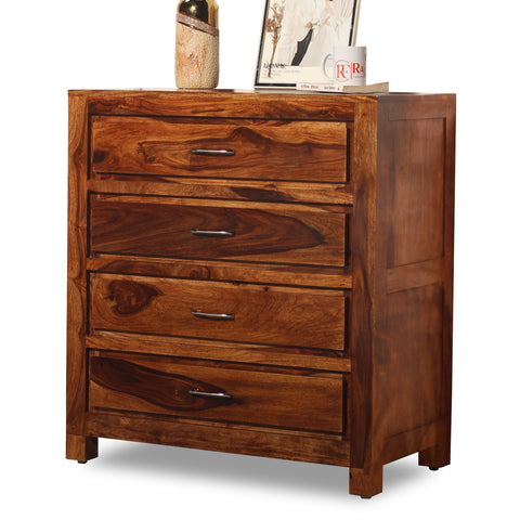 Hillary Solid Sheesham Wood Four Drawer Chest of Drawer in Natural Finish - Rajasthali Furniture 