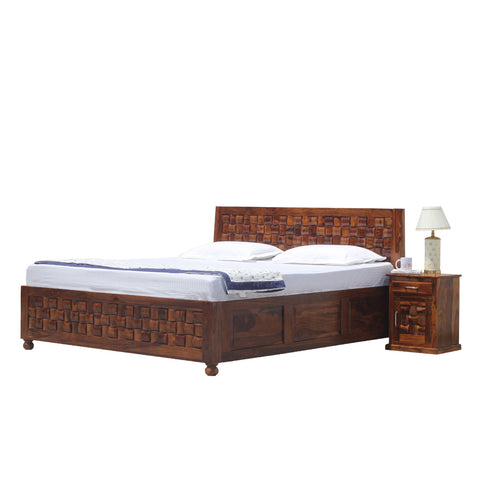 Solid Wood Niwar King Size Double Bed with Legs and Box Storage in Natural Finish With Two Bedside - Rajasthali Furniture 