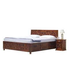 Solid Wood Niwar King Size Double Bed with Legs and Box Storage in Natural Finish With Two Bedside
