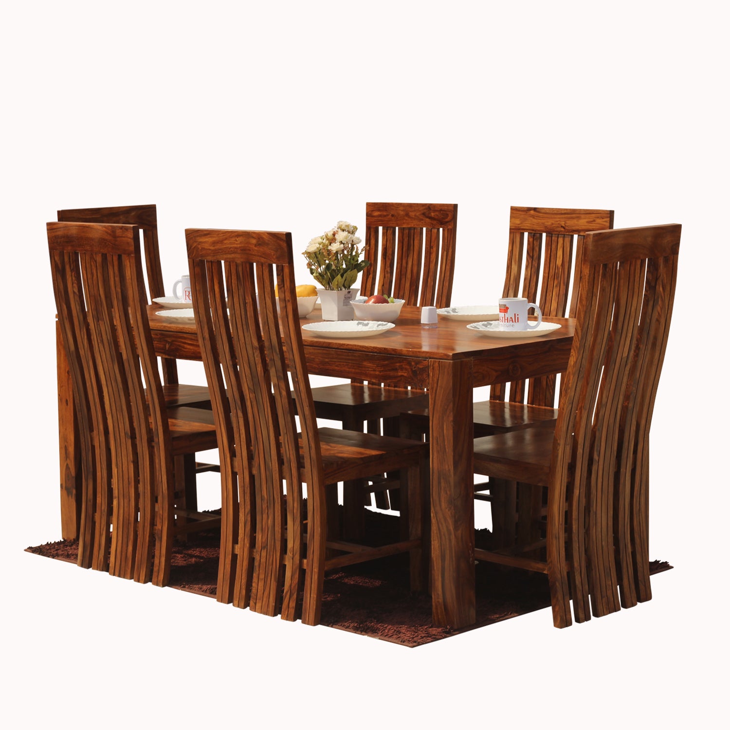 Poppy Solid Sheesham Wood Six Seat Dining Table Set in Natural Finish - Rajasthali Furniture 