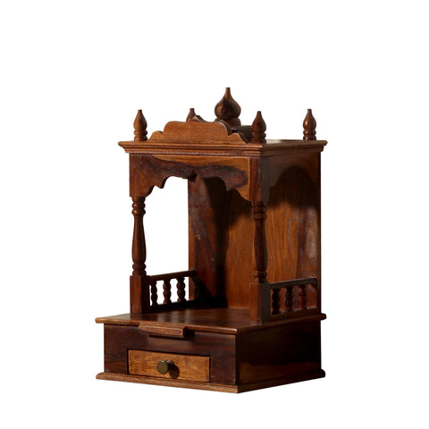 Sunak Solid Wood One Shelf and One Drawer Open Wall Mount Mandir in honey oak Finish - Rajasthali Furniture 