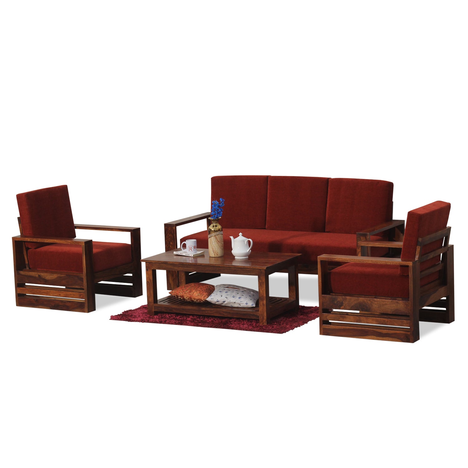 Seam Solid Wood Five Seat Sofa Set (3+1+1) In Honey Oak Finished - Rajasthali Furniture 