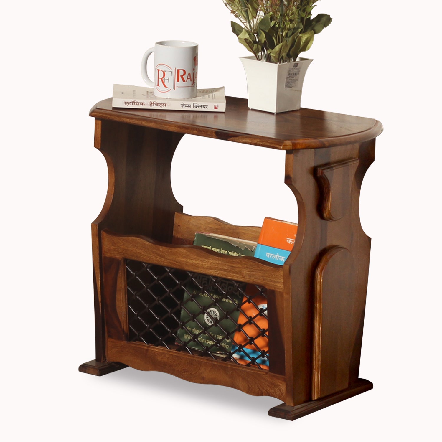 Solid Sheesham Wood Iron Jali Magazine Stand cum Side Table in Natural Finish - Rajasthali Furniture 