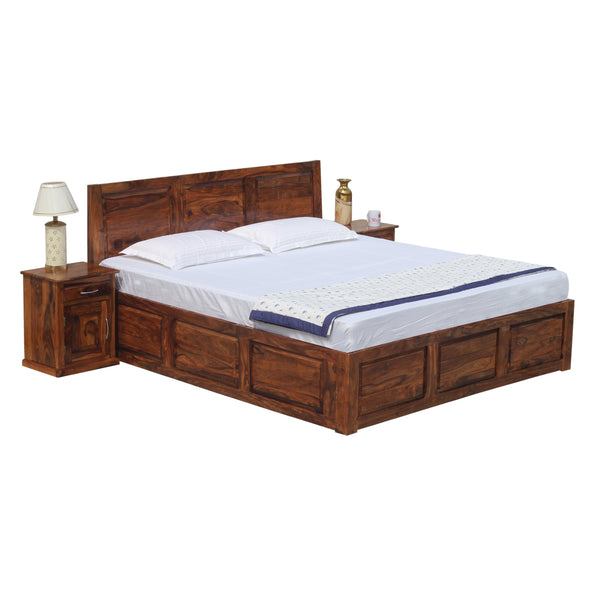 Fasica Solid Wood Double Bed with Two Bed Side with Box Storage in Honey Oak Finish - Rajasthali Furniture 