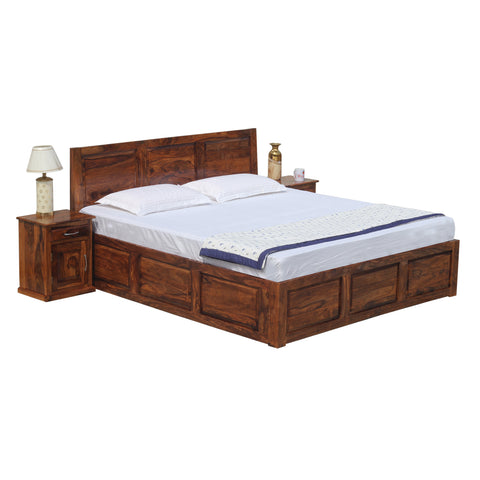 Fasica Solid Wood Double Bed with Two Bed Side with Box Storage in Honey Oak Finish