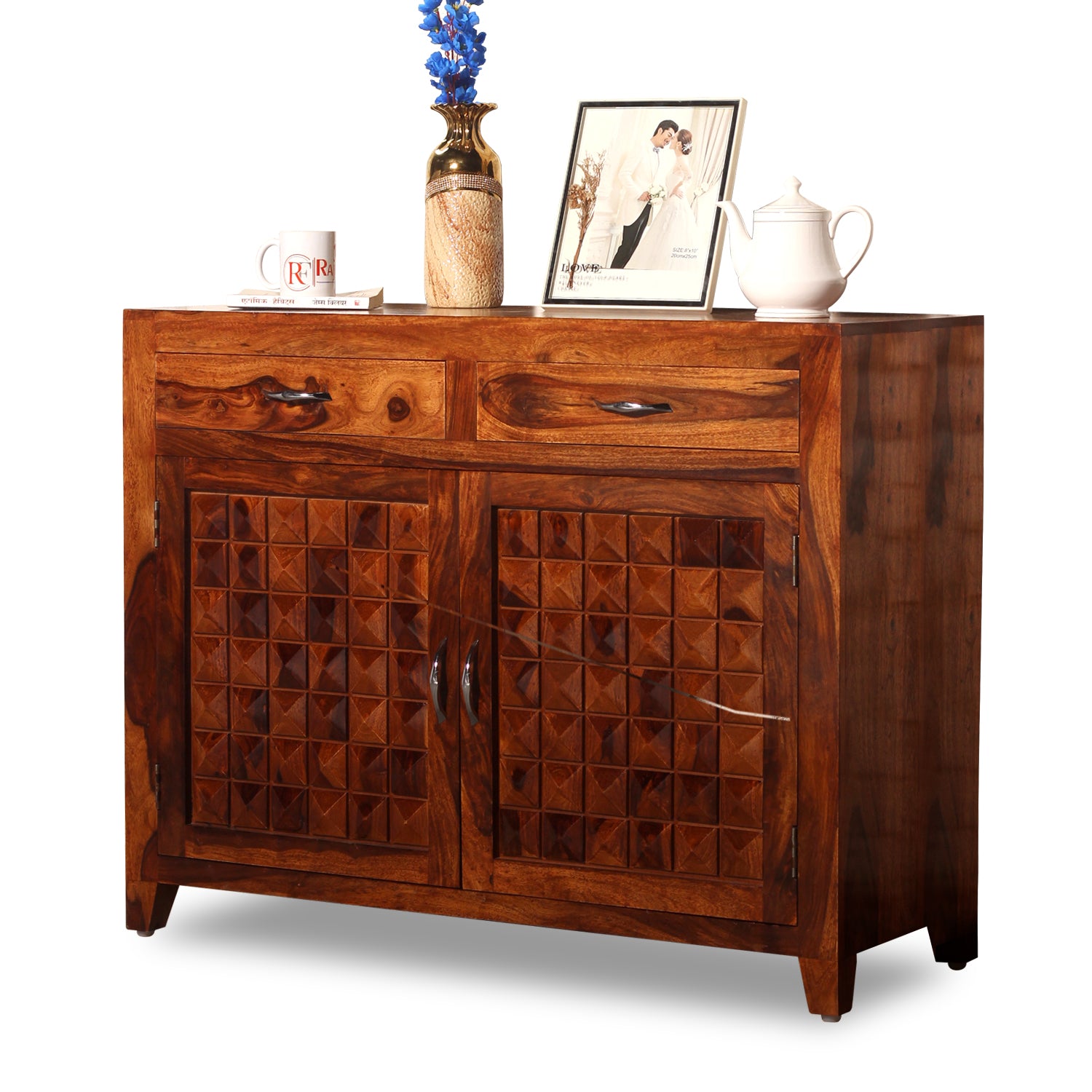 Diamond Solid Wood Two Door And Two Drawer Sideboard in Natural Finish - Rajasthali Furniture 