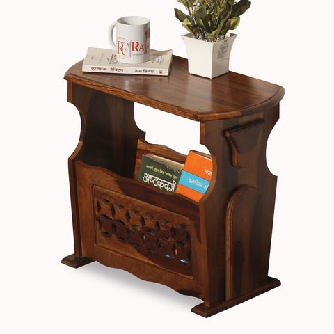 Solid Wood Star Design Magazine Stand cum Side Table in natural Finish - Rajasthali Furniture 