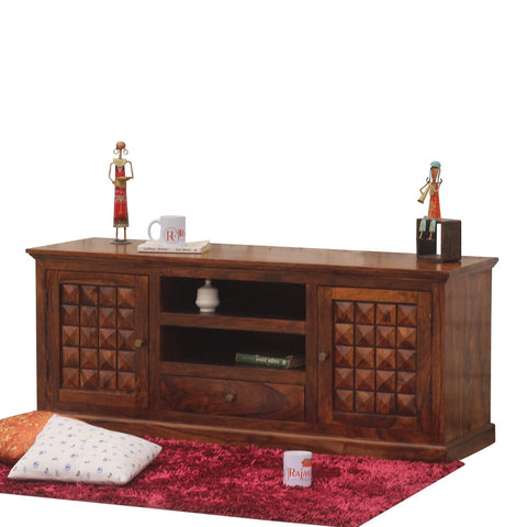 Astor Two Door with one center drawer wooden LCD cabinet in honey oak finish - Rajasthali Furniture 