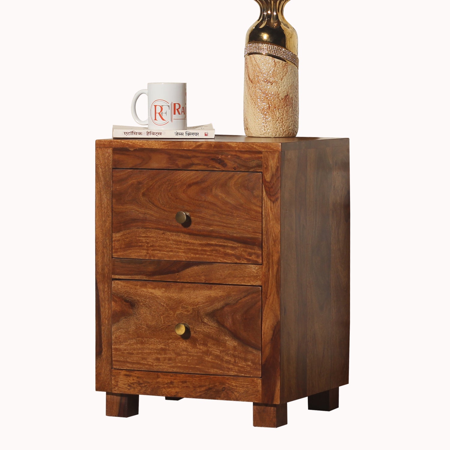 Eastleigh Two Drawer Wooden Bed Side Table in Honey oak Finish - Rajasthali Furniture 