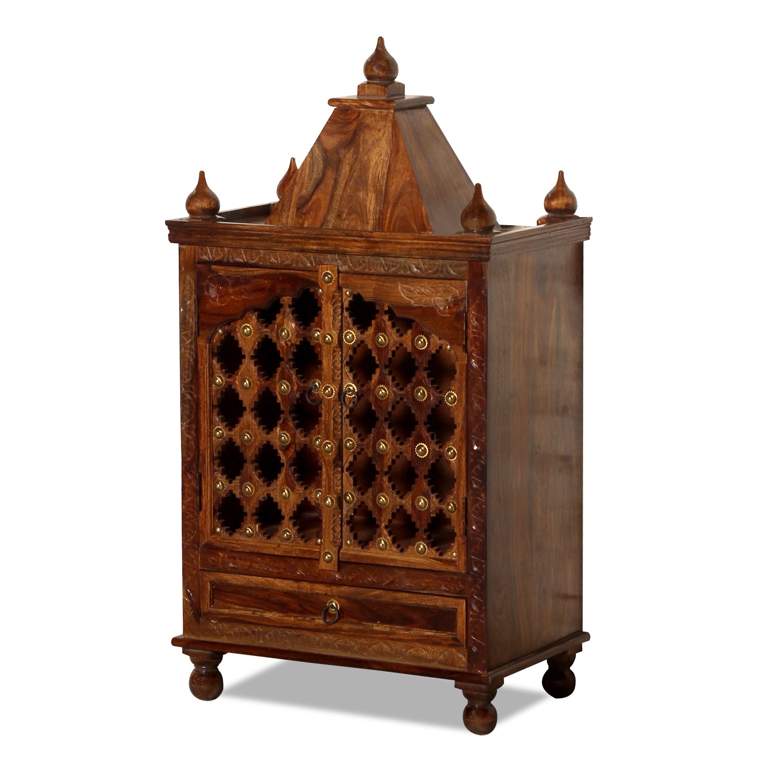 Jamini Solid Wood Double Door and One Drawer Mandir in Honey Oak Finish - Rajasthali Furniture 