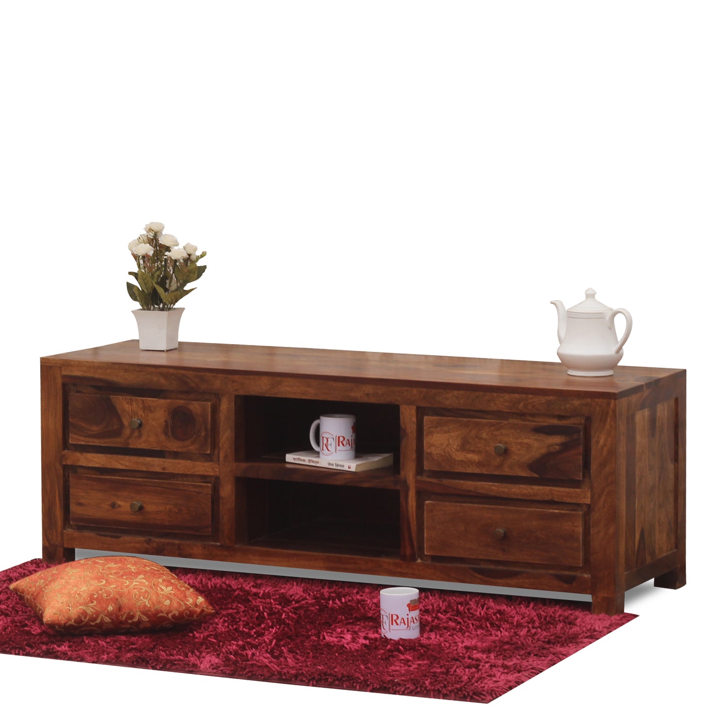 Meloni Four Drawer with One Center Shelf Wooden LCD Cabinet in Honey Oak Finish - Rajasthali Furniture 