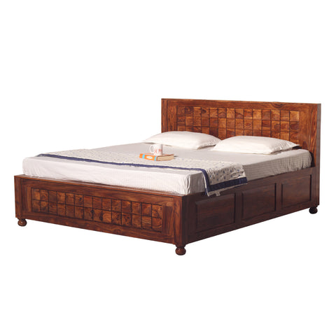 Diamond Solid Wood Double Bed With Box Storage in honey Oak Finish - Rajasthali Furniture 