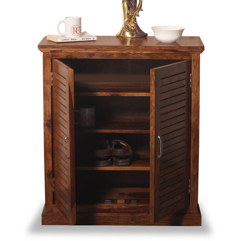 Haze Solid Sheesham Wood Floor Mounted Two Door Shoe Rack in Honey Oak Finish - Rajasthali Furniture 