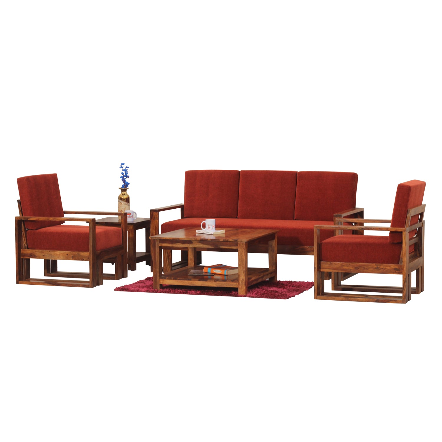 Cucus Double Leg Solid Wood Five Seat Sofa Set (3+1+1) In Honey Oak Finished - Rajasthali Furniture 