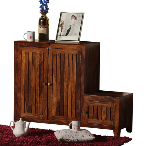 Frill Solid Wood Shoe Rack with Sitting Space in Honey Oak finish - Rajasthali Furniture 