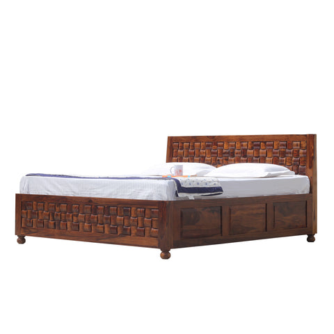 Solid Wood Niwar King Size Double Bed with Legs and Box Storage in Natural Finish - Rajasthali Furniture 