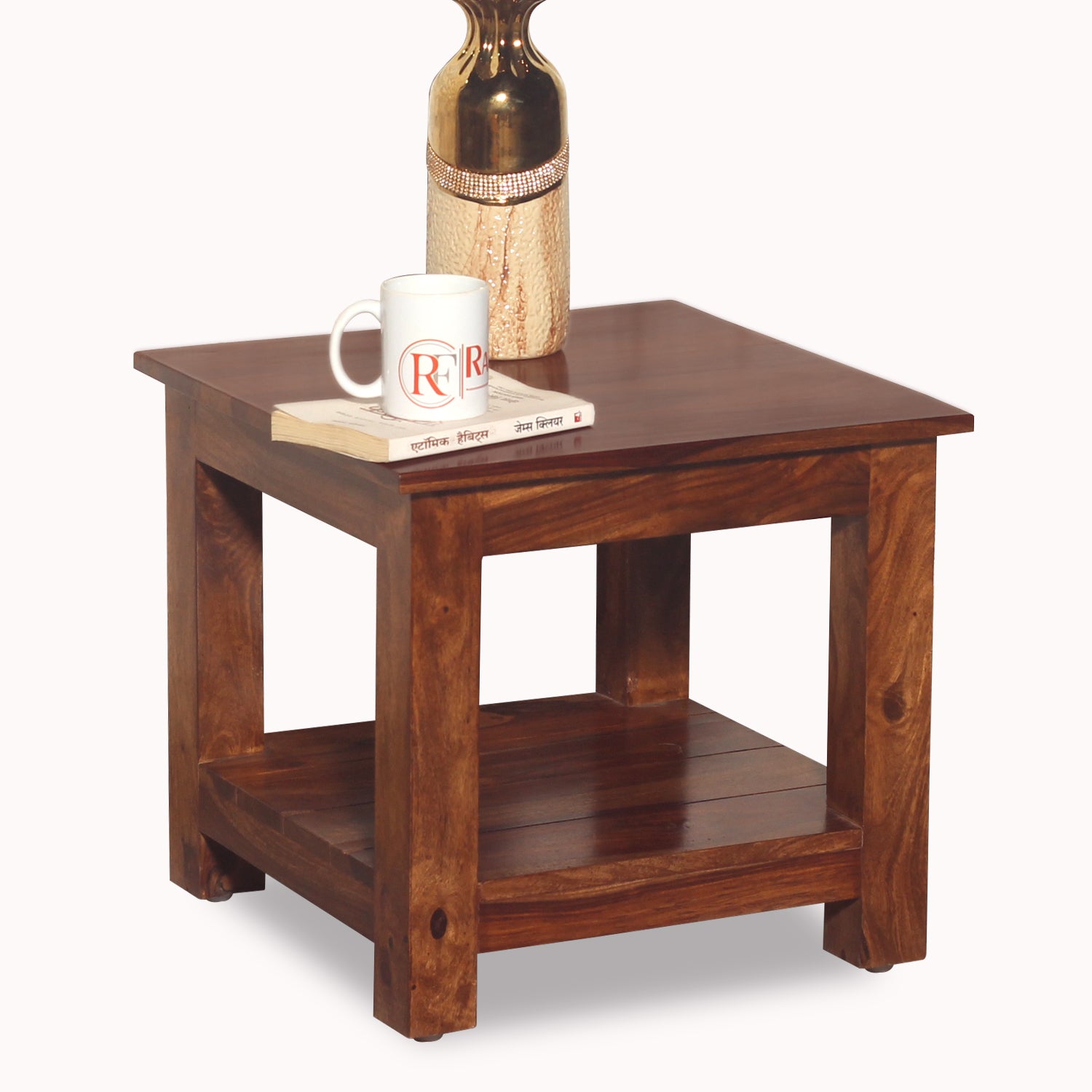 Solid Wood Floor Mounted Plain Top with wooden base Side Table in Natural Finish - Rajasthali Furniture 