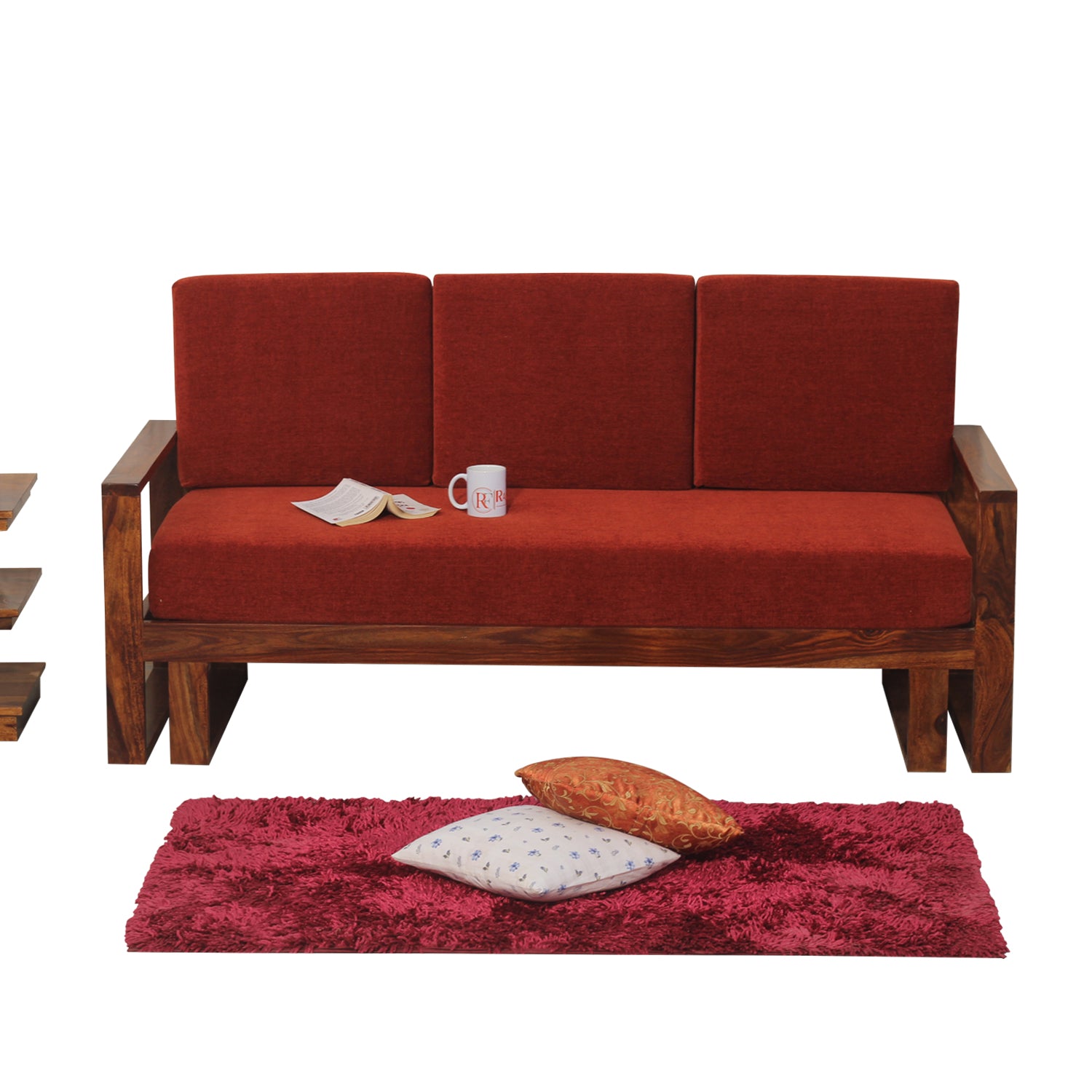 Cucus Double Leg Solid Wood Three Seat Sofa Set In Honey Oak Finished - Rajasthali Furniture 