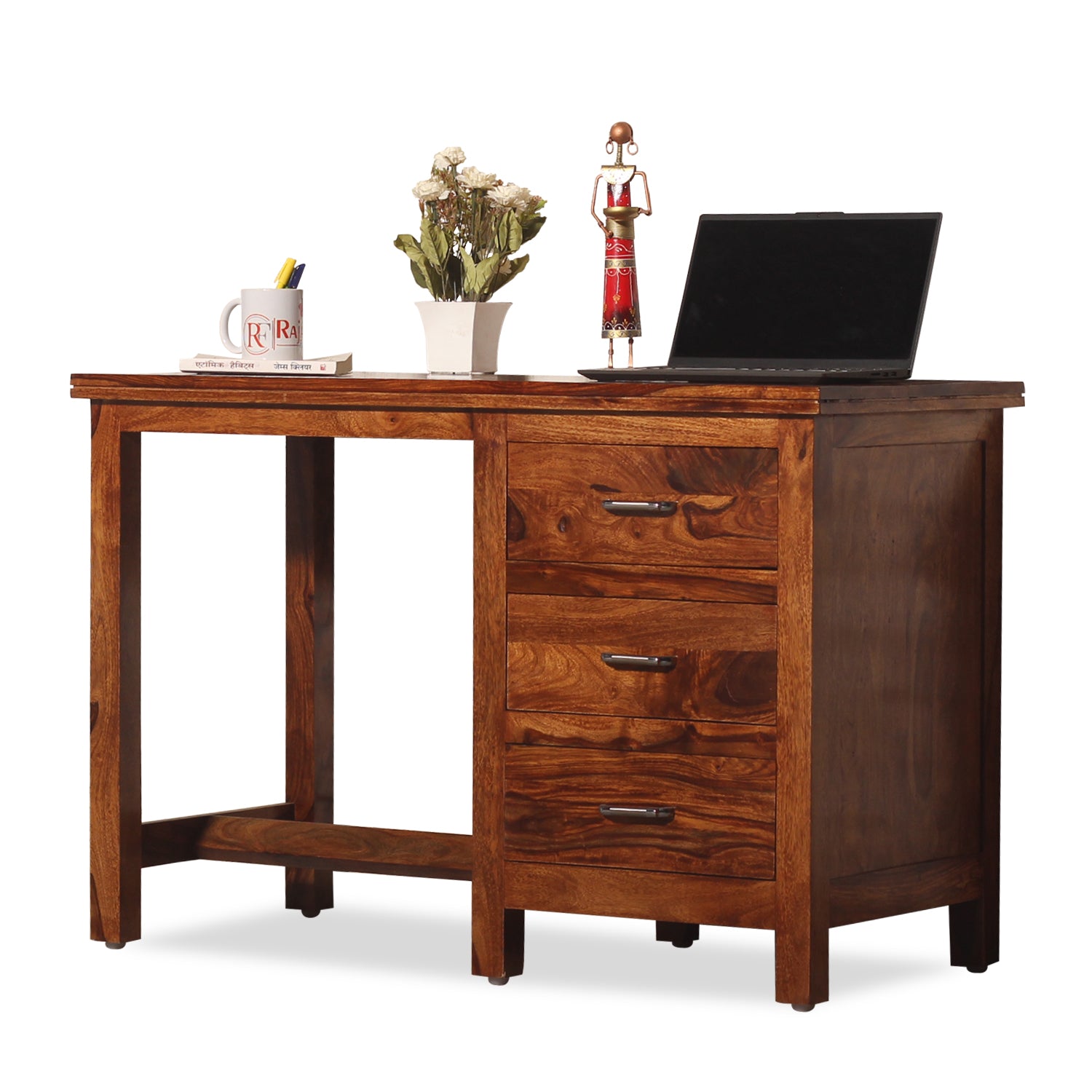 Calla Solid Wood Study Table with Three Drawers in Honey Oak Finish - Rajasthali Furniture 