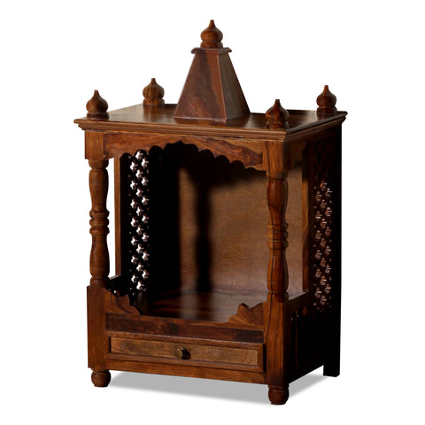 Puri Solid Wood Open Front and One Drawer Mandir in Honey Oak Finish - Rajasthali Furniture 