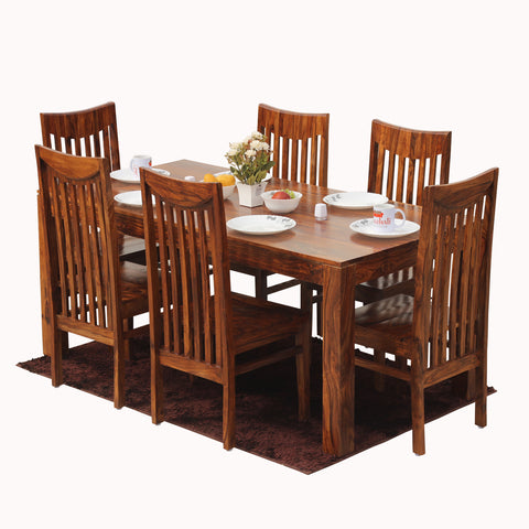 Flora Solid Sheesham Wood Six Seat Dining Table Set in Natural Finish - Rajasthali Furniture 