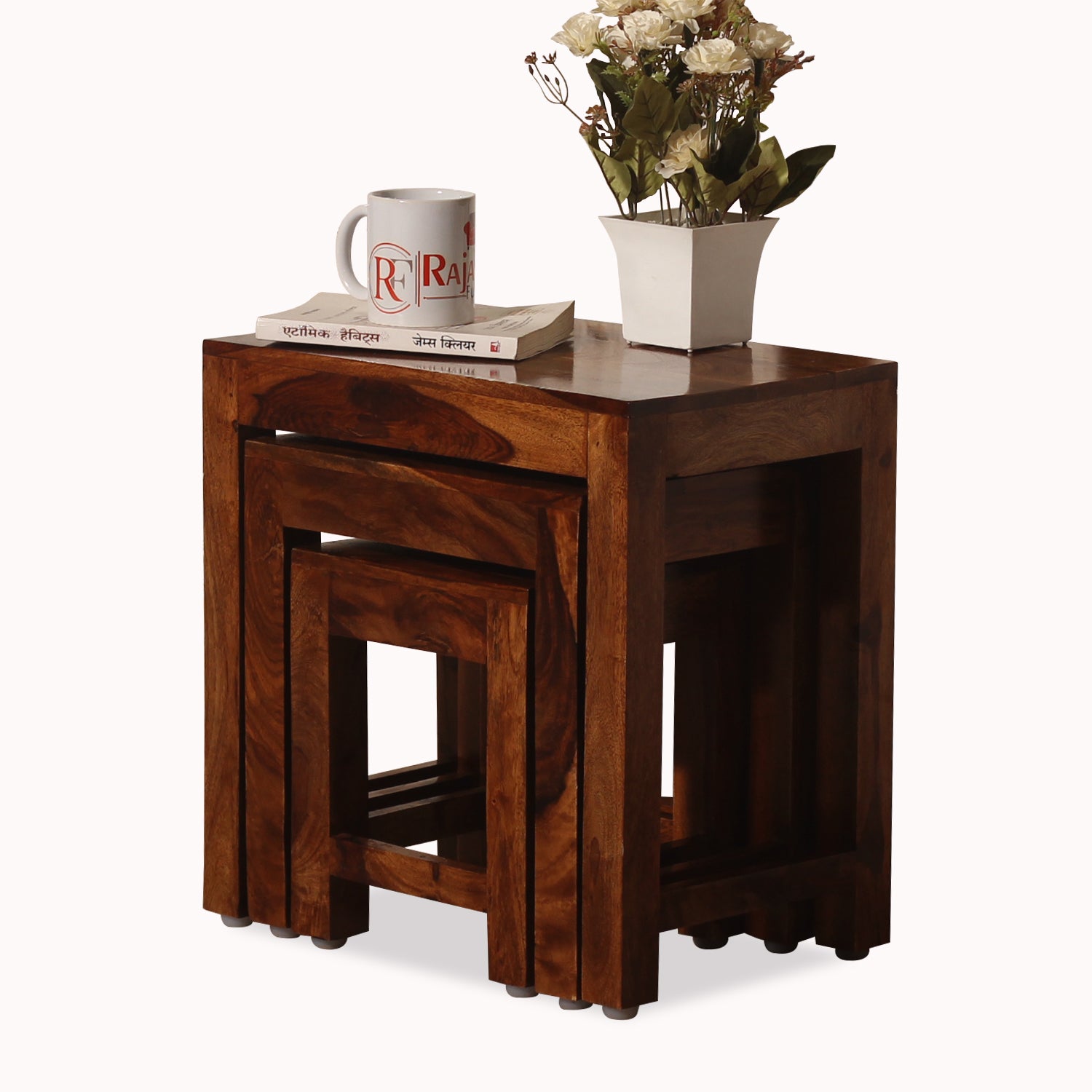 Zory Solid Wood Plain Top Nest Of Table Set Of Three in Honey Oak Finish - Rajasthali Furniture 