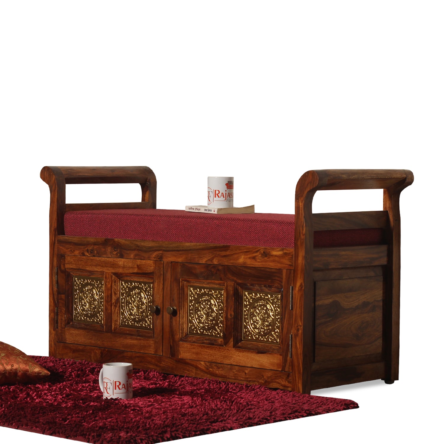 Bluet Upholstery Solid Wood Arm Bench with Storage in Honey Oak Finish - Rajasthali Furniture 