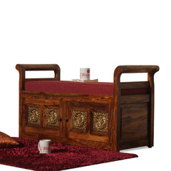 Bluet Upholstery Solid Wood Arm Bench with Storage in Honey Oak Finish - Rajasthali Furniture 