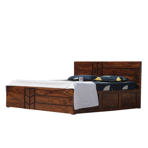 Solid Wood M Design King Size Double Bed with Box Storage in Natural Finish - Rajasthali Furniture 