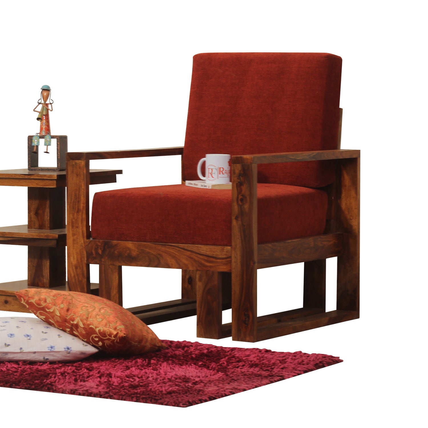 Cucus Double Leg Solid Wood Single Seat Sofa Set In Honey Oak Finished - Rajasthali Furniture 