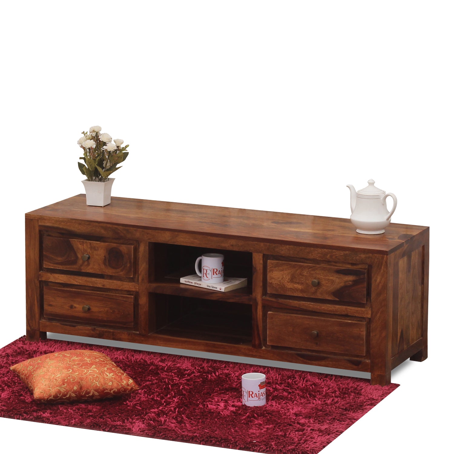 Meloni Four Drawer with One Center Shelf Wooden LCD Cabinet in Honey Oak Finish - Rajasthali Furniture 