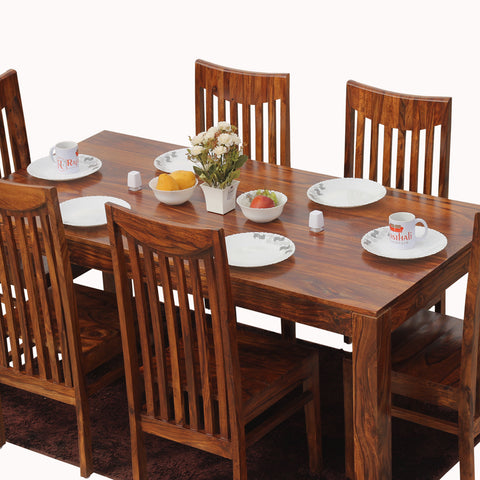 Flora Solid Sheesham Wood Six Seat Dining Table Set in Natural Finish - Rajasthali Furniture 