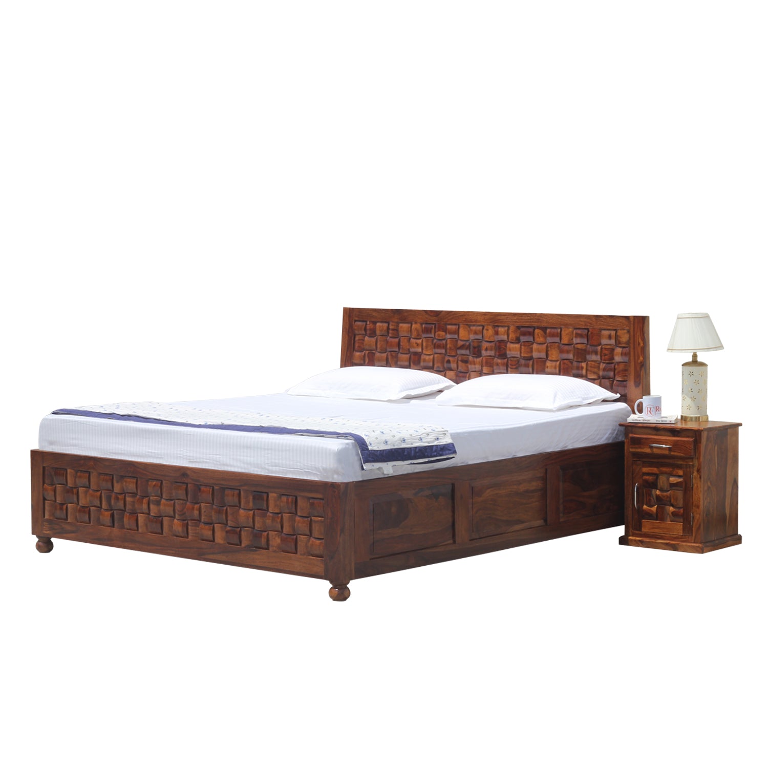 Solid Wood Niwar King Size Double Bed with Legs and Box Storage in Natural Finish With Two Bedside - Rajasthali Furniture 