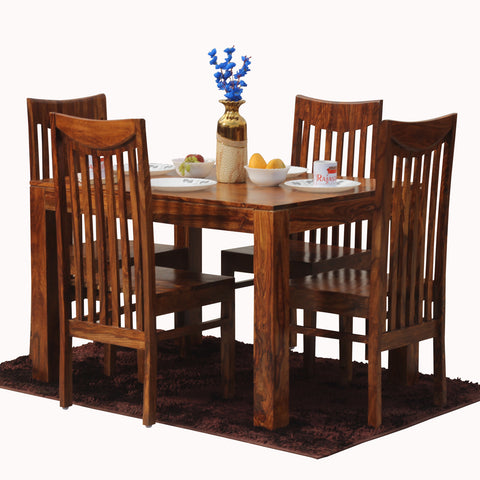 Flora Solid Sheesham Wood Four Seat Dining Table Set in Natural Finish - Rajasthali Furniture 