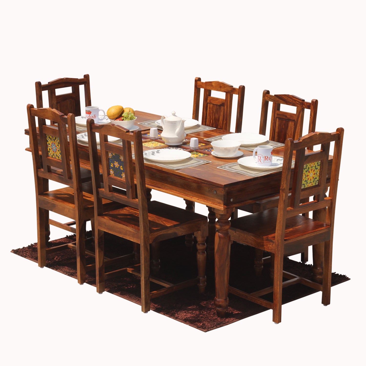 Solid Sheesham Wood Six Seat Ceramic Tile Dining Table Set in Natural Finish - Rajasthali Furniture 