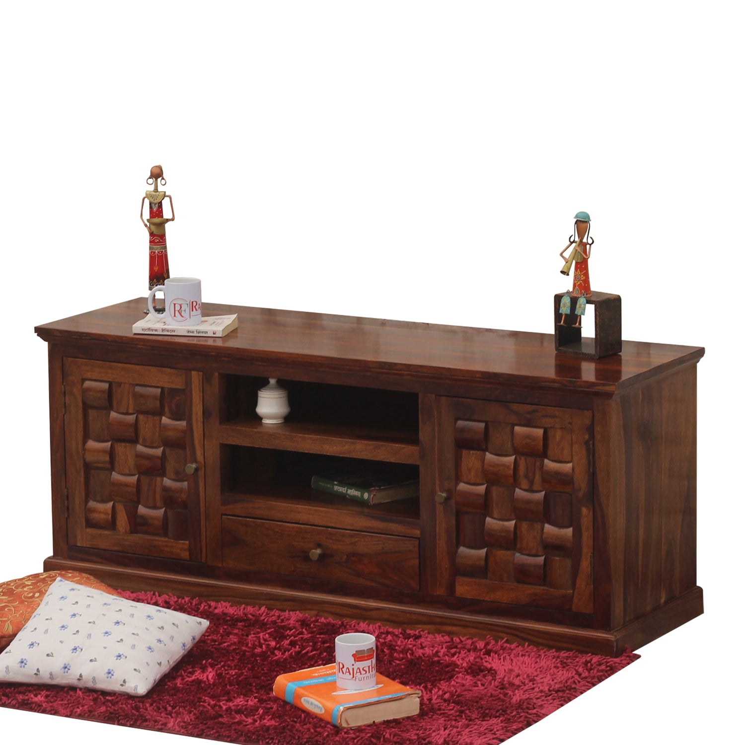 Xiomara Two Door with one center drawer wooden LCD cabinet in honey oak finish - Rajasthali Furniture 