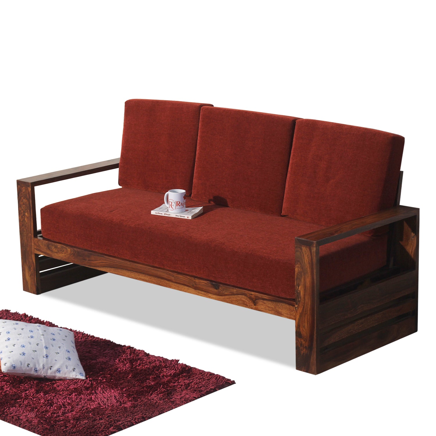 Seam Solid Wood Three Seat Sofa Set In Honey Oak Finished - Rajasthali Furniture 